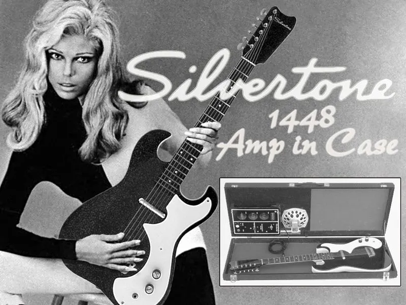 Vintage Sears ad for Silvertone 1448 w amp in case.webp