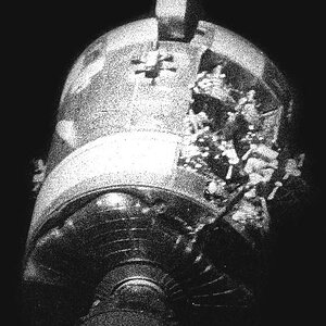 Damaged Apollo 13 service module from a rupture of an oxygen tank.