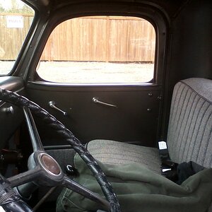 interior of the picture of the older blue truck
