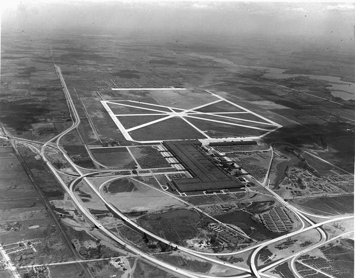 AERIAL VIEW OF FORD'S WILLOW RUN BOMBER PLANT and RUNWAYS