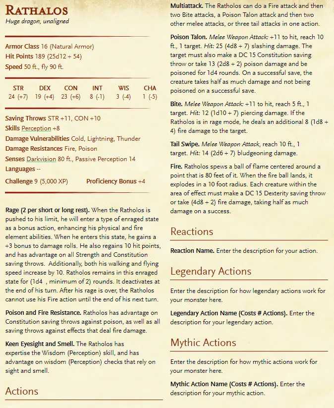 D&D 5E Ratholos Stat Block