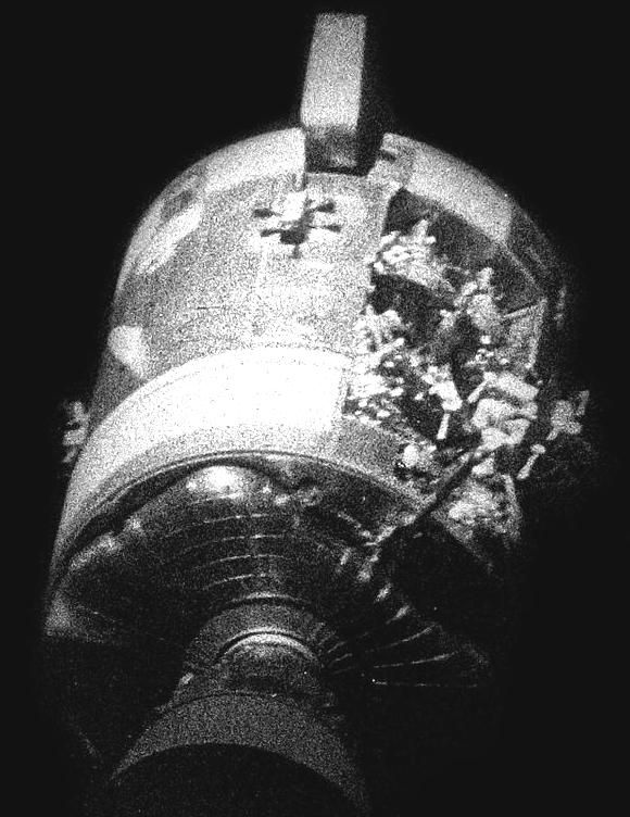 Damaged Apollo 13 service module from a rupture of an oxygen tank.