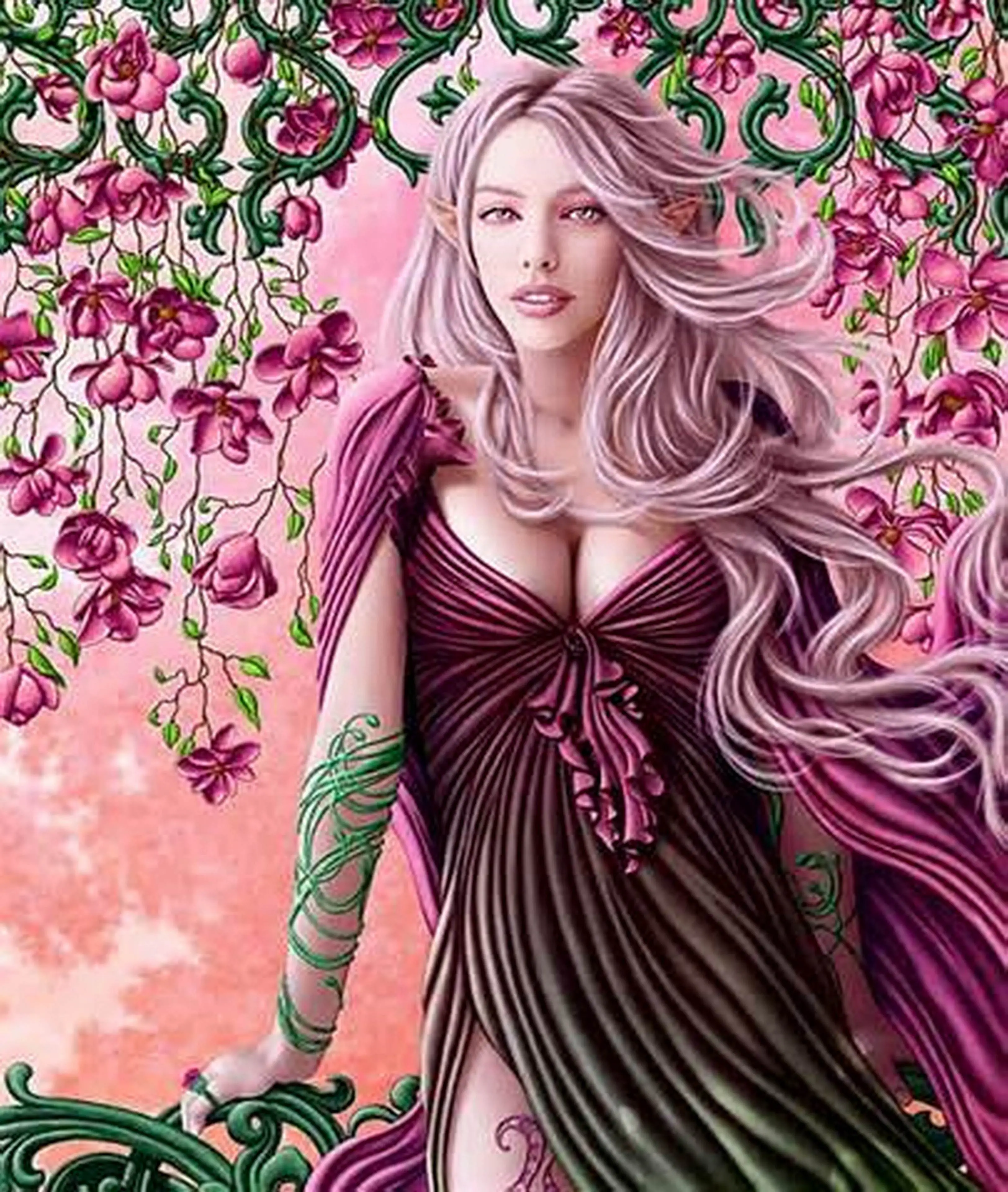 Elf and pink flowers