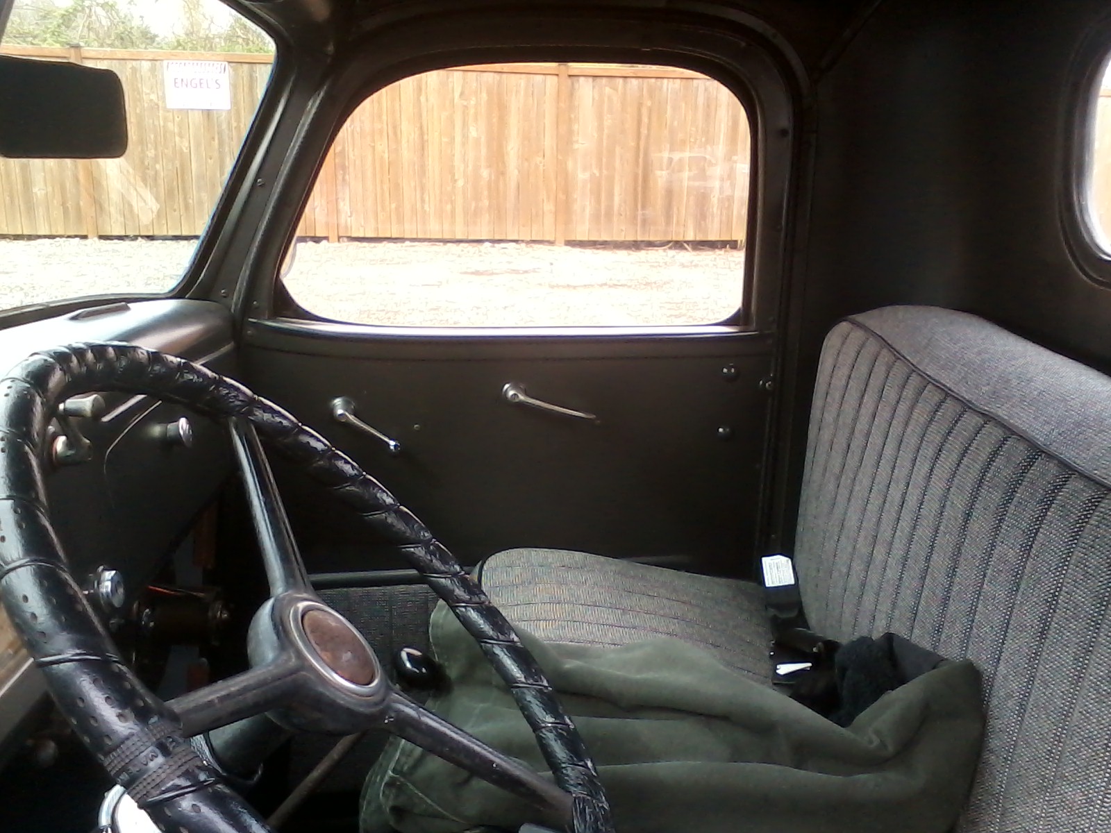 interior of the picture of the older blue truck