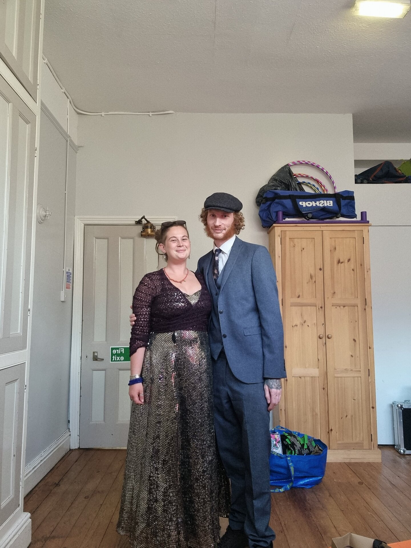 Meg and I dressed up for the wedding party