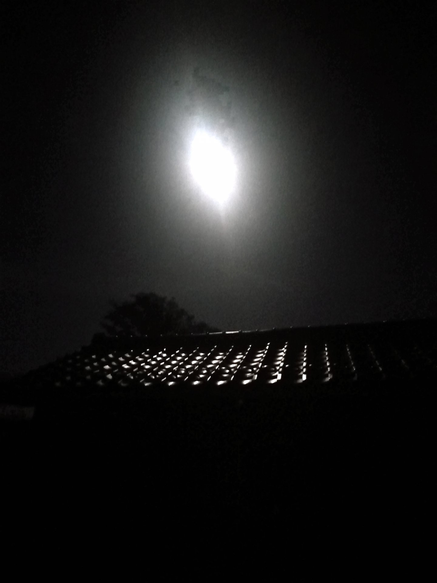 Nearly full moon reflecting off a tile roof.