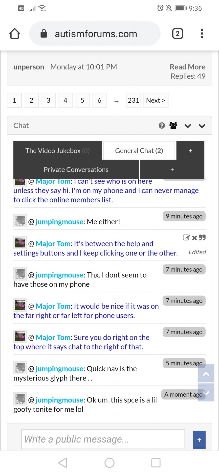 What the chat room looks like on an android device.