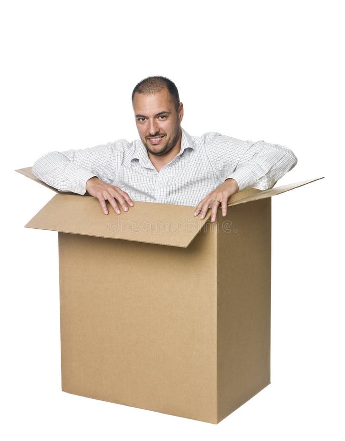 Man in a cardboard box. stock photo. Image of isolated - 10827184
