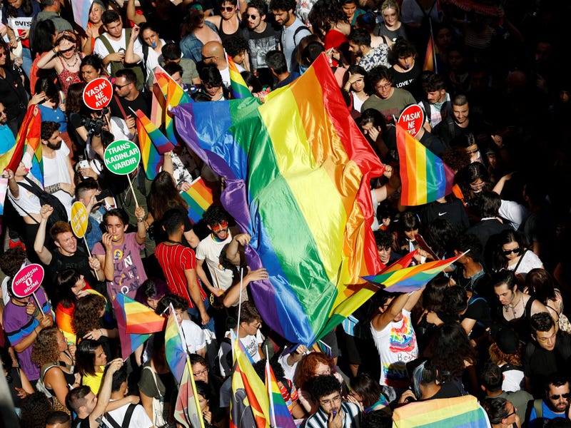 FILE PHOTO: LGBT rights activists gather to try to march for a pride parade, which was banned by the governorship, in central Istanbul, Turkey, June 30, 2019. REUTERS/Murad Sezer/File Photo