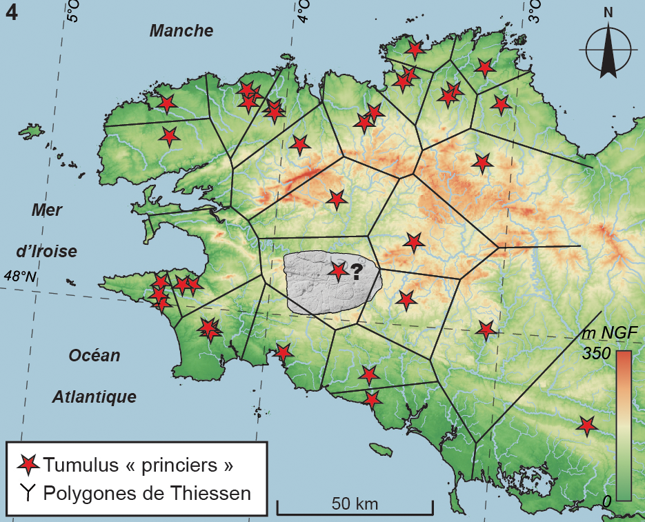 Map of “royal” Bronze Age tombs in Brittany with theoretical boundaries between their domains. Slab location marks the area depicted by the Saint-Bélec map.