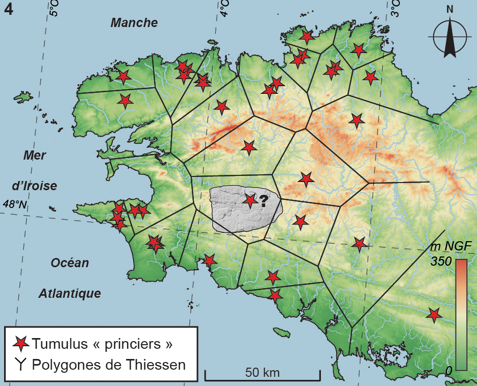 Map of “royal” Bronze Age tombs in Brittany with theoretical boundaries between their domains. Slab location marks the area depicted by the Saint-Bélec map. Map of “royal” Bronze Age tombs in Brittany with theoretical boundaries between their domains. Slab location marks the area depicted by the Saint-Bélec map.