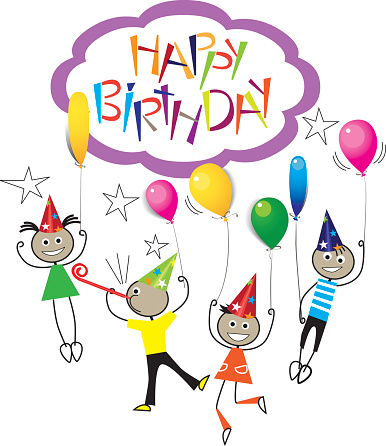 drawing-image-of-stick-figure-kids-on-birthday-hand-draw-lettering-vector-id686344424