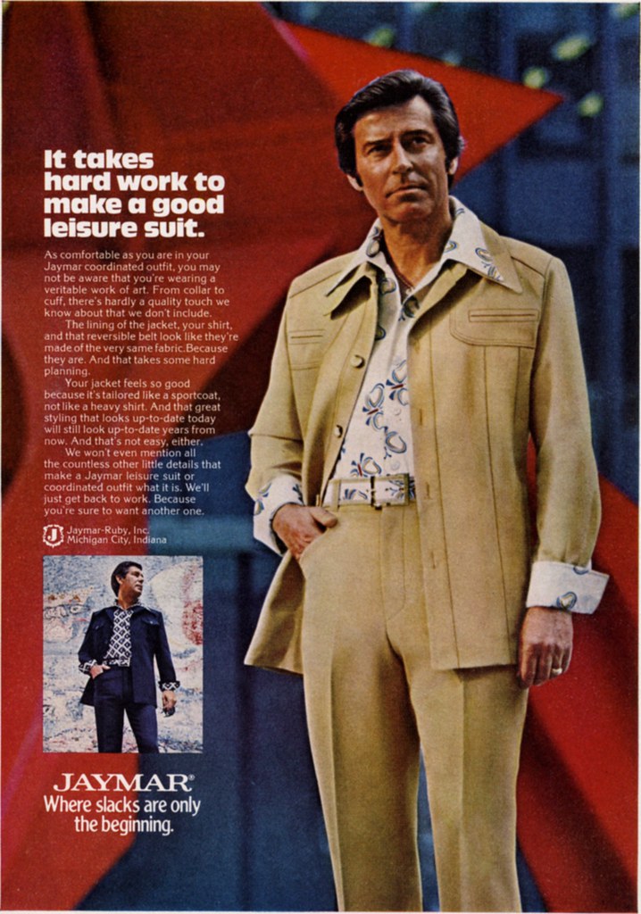 Pulp Librarian on Twitter: And so the modern leisure suit was born. A  shirt-style jacket, worn with an open collar and matching pants. Crucially  the colour would be plain: cream, pastel or