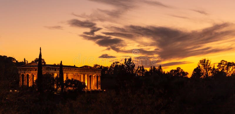 Athens Greece. Hephaestus Temple Illuminated, at Sunset, Orange Color Sky  Stock Image - Image of architecture, athens: 141222063