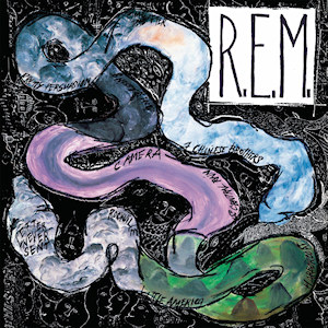 A watercolor painting of a snake with two heads that has the names of the songs from Reckoning written on it, with a large white square in the upper-left corner that has R.E.M. written in it