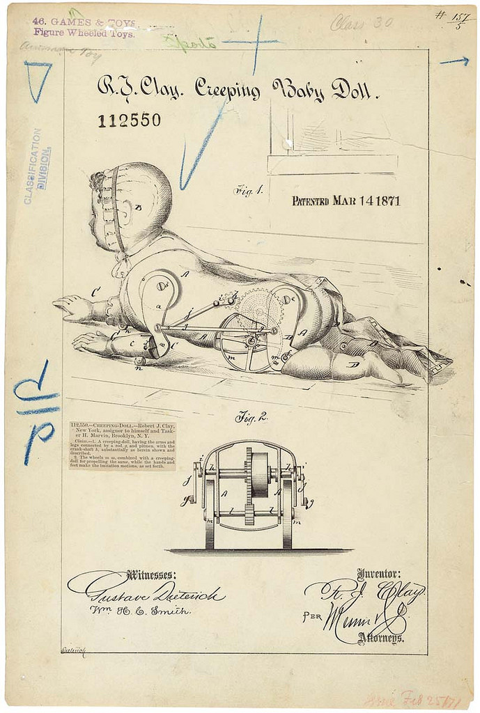 Creeping Baby Doll Patent Drawing by R.J. Clay March 14, 1871 Creeping Baby Doll Patent Drawing by R.J. Clay March 14, 1871